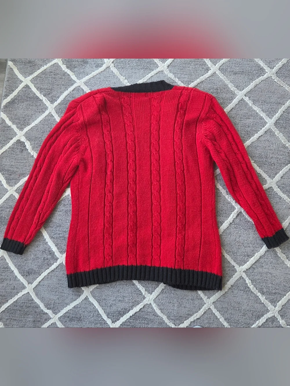 Vintage Red Wool Cable Knit Cardigan with Black Trim - Picture 4 of 5